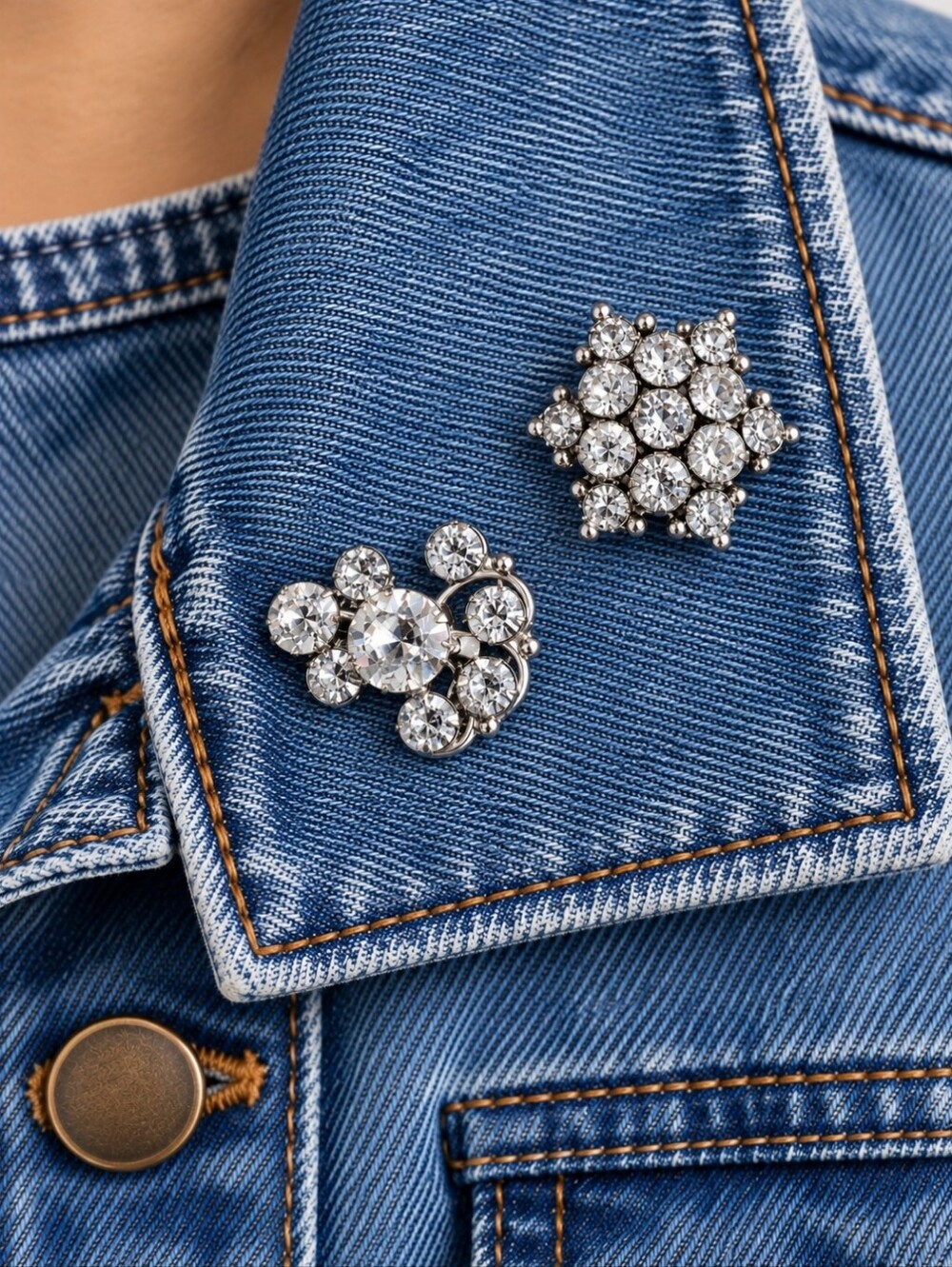 Pair of Vintage Silver Tone Clear Rhinestone Scatter Lapel Pins Denim Jacket
